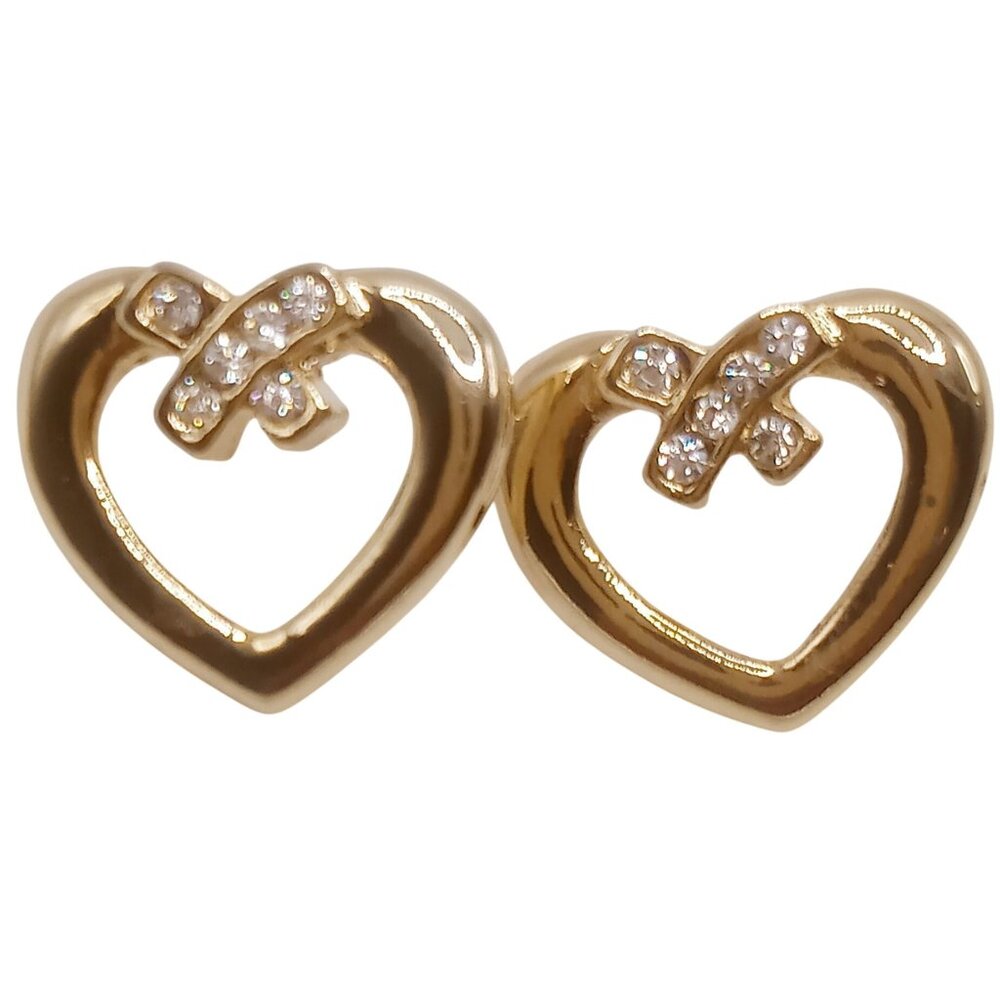 Heart Stud Earrings Gold Tone Clear Rhinestone Accents Pierced Ear Stud Earrings